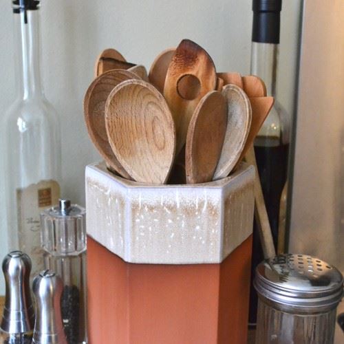 Glazed Hexagonal Utensil Holder Handmade UK Terracotta Production