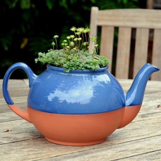 teapot planter with blue glaze Handmade UK